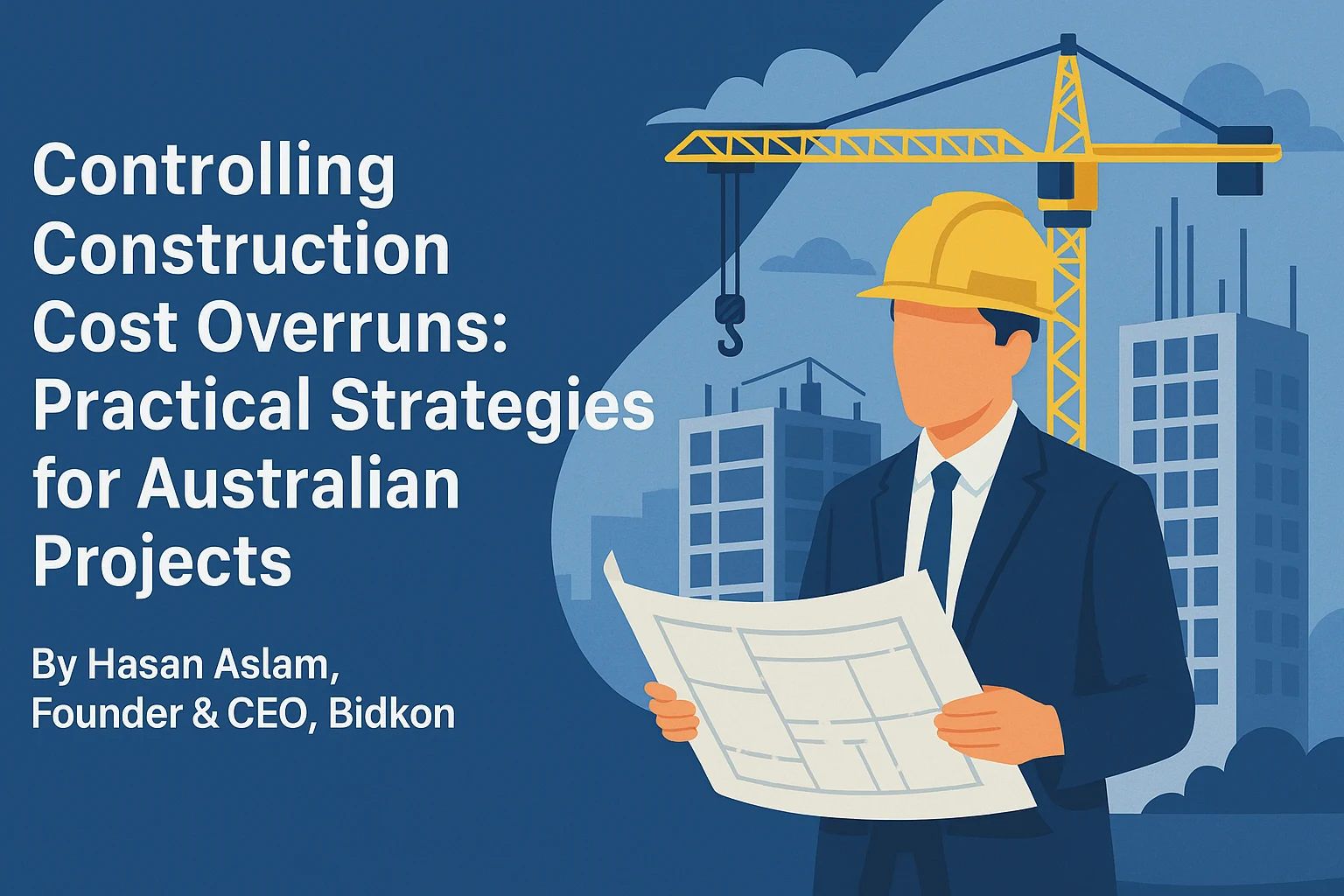 Construction site with blueprint, yellow hard hat, and cost control chart symbolizing strategies to manage construction cost overruns in Australian projects